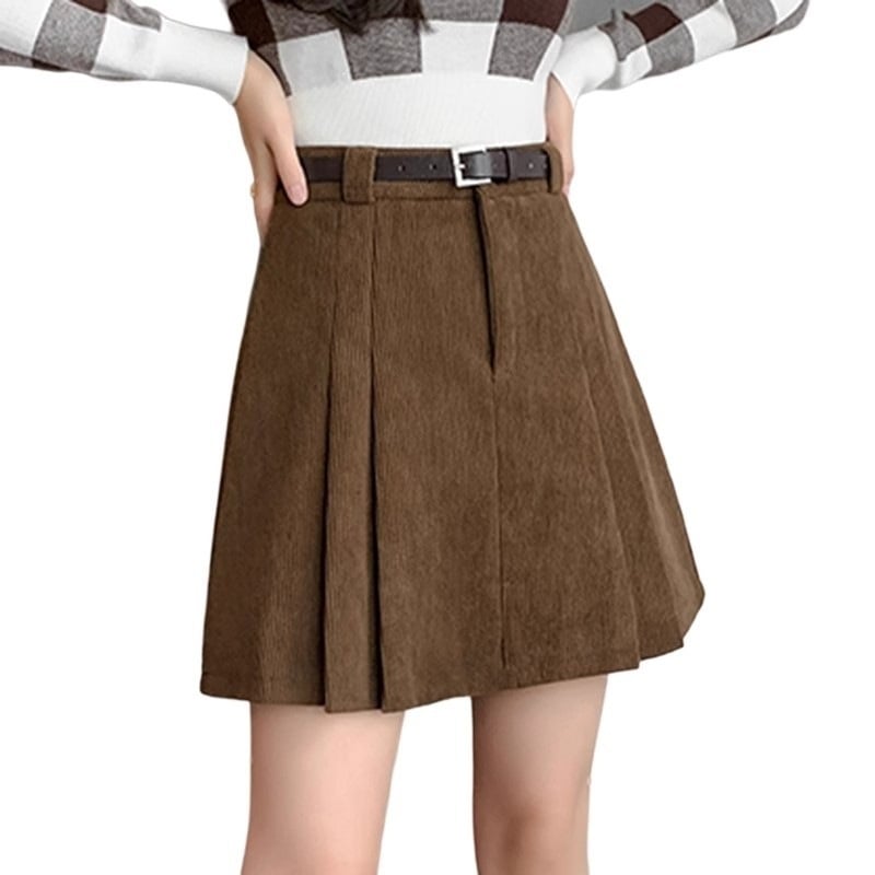 Fustă plisată din corduroy, talie înaltă, croială A, mini pentru femei scunde, look elegant