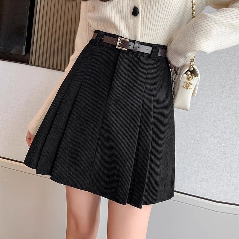 Fustă plisată din corduroy, talie înaltă, croială A, mini pentru femei scunde, look elegant