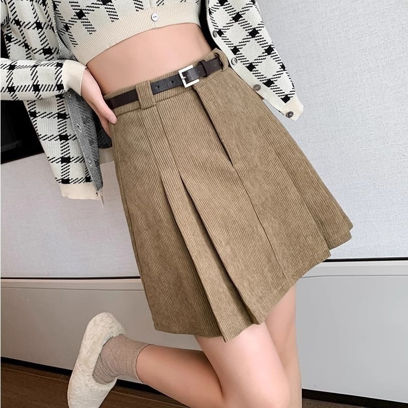 Fustă plisată din corduroy, talie înaltă, croială A, mini pentru femei scunde, look elegant