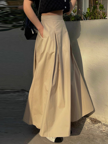 Fustă midi în formă de umbrelă, talie înaltă, stil franțesc vintage care subțiază silueta, pentru primăvară-toamnă