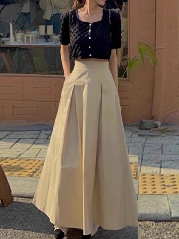 Fustă midi în formă de umbrelă, talie înaltă, stil franțesc vintage care subțiază silueta, pentru primăvară-toamnă