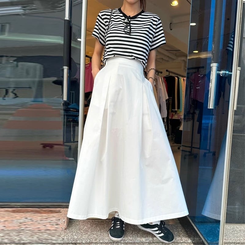 Fustă midi în formă de umbrelă, talie înaltă, stil franțesc vintage care subțiază silueta, pentru primăvară-toamnă