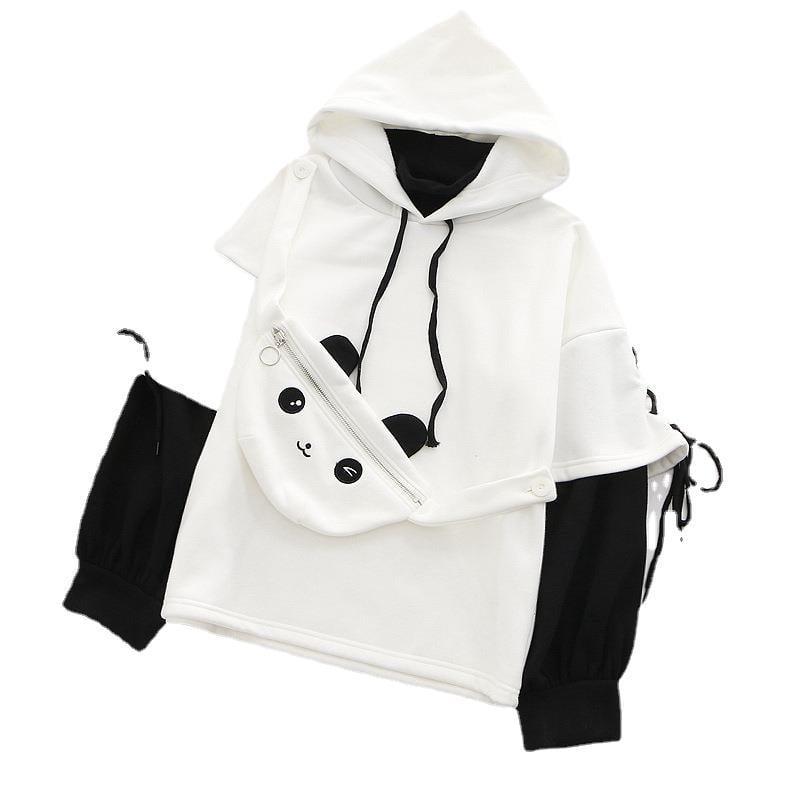 Hanorac damă cu broderie panda și căptușeală fleece, aspect de două piese, iarnă 2023