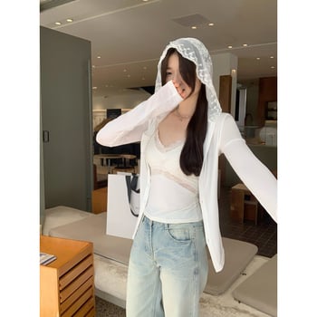 Cardigan tricot cu glugă, patchwork din dantelă franțuzească, pentru femei, mărime mică, stil 2025, protecție solară, top răcoros