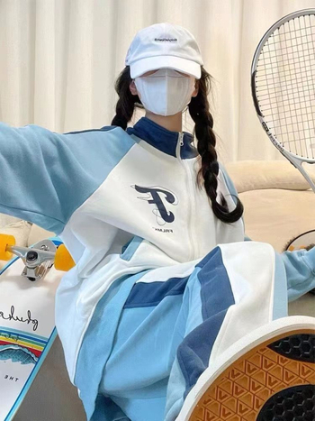Set sport casual albastru pentru femei, primăvară–toamnă, stil colegiu, croială lejeră, hanorac cu mânecă lungă, set din două piese.