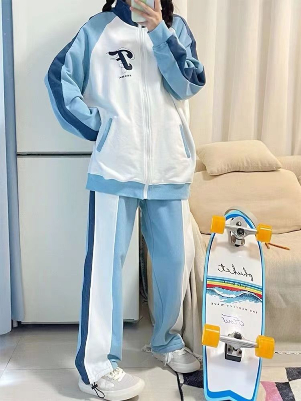 Set sport casual albastru pentru femei, primăvară–toamnă, stil colegiu, croială lejeră, hanorac cu mânecă lungă, set din două piese.