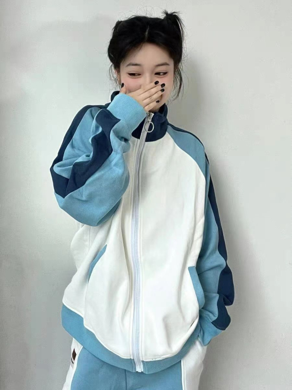Set sport casual albastru pentru femei, primăvară–toamnă, stil colegiu, croială lejeră, hanorac cu mânecă lungă, set din două piese.