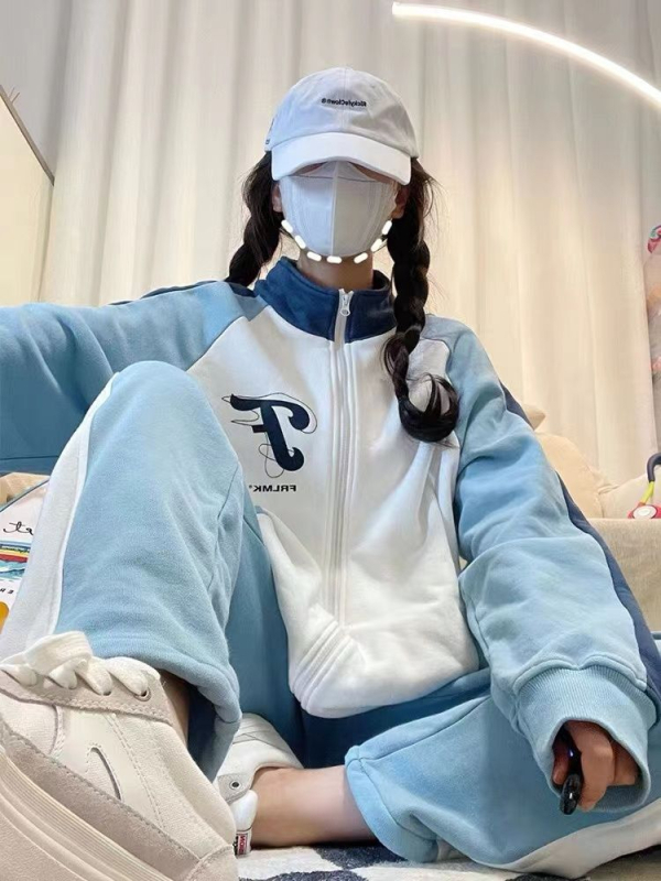 Set sport casual albastru pentru femei, primăvară–toamnă, stil colegiu, croială lejeră, hanorac cu mânecă lungă, set din două piese.