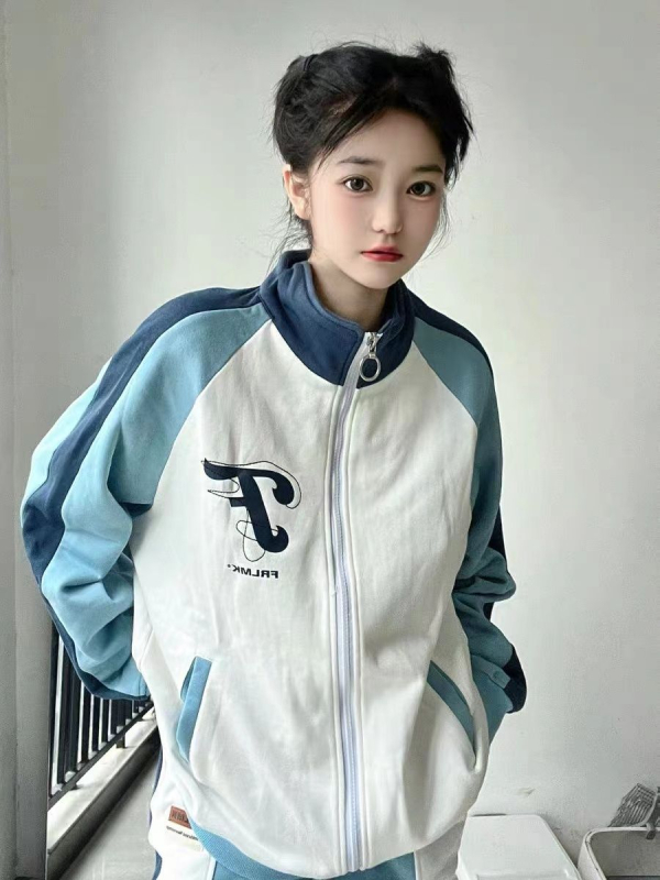 Set sport casual albastru pentru femei, primăvară–toamnă, stil colegiu, croială lejeră, hanorac cu mânecă lungă, set din două piese.