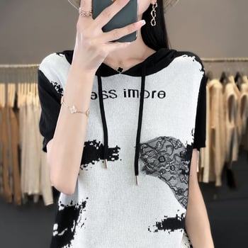 Tricou tricotat damă cu glugă, mâneci scurte, din mătase rece, dantelă, stil retro cu imprimeu în cerneală