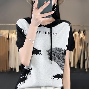 Tricou tricotat damă cu glugă, mâneci scurte, din mătase rece, dantelă, stil retro cu imprimeu în cerneală