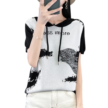 Tricou tricotat damă cu glugă, mâneci scurte, din mătase rece, dantelă, stil retro cu imprimeu în cerneală