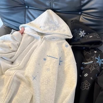 Hanorac cardigan gros cu fermoar, broderie cu fulgi de zăpadă și căptușeală din fleece, stil street american.