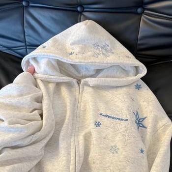 Hanorac cardigan gros cu fermoar, broderie cu fulgi de zăpadă și căptușeală din fleece, stil street american.