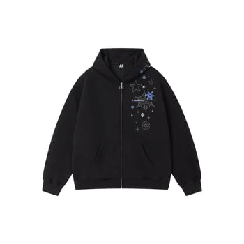 Hanorac cardigan gros cu fermoar, broderie cu fulgi de zăpadă și căptușeală din fleece, stil street american.