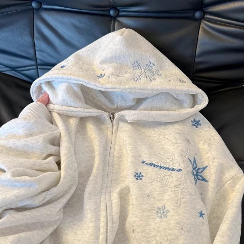 Hanorac cardigan gros cu fermoar, broderie cu fulgi de zăpadă și căptușeală din fleece, stil street american.