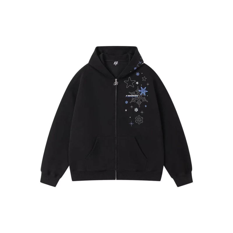 Hanorac cardigan gros cu fermoar, broderie cu fulgi de zăpadă și căptușeală din fleece, stil street american.