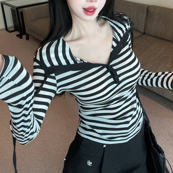 Hanorac cu glugă pentru femei, dungat, mâneci lungi, toamnă–iarna, croială slim, top de bază