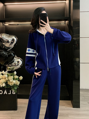 Set de două piese pentru femei, trening de toamnă cu hanorac color-block și pantaloni largi