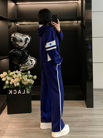 Set de două piese pentru femei, trening de toamnă cu hanorac color-block și pantaloni largi