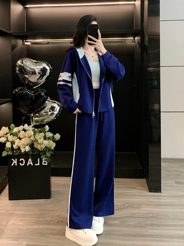 Set de două piese pentru femei, trening de toamnă cu hanorac color-block și pantaloni largi