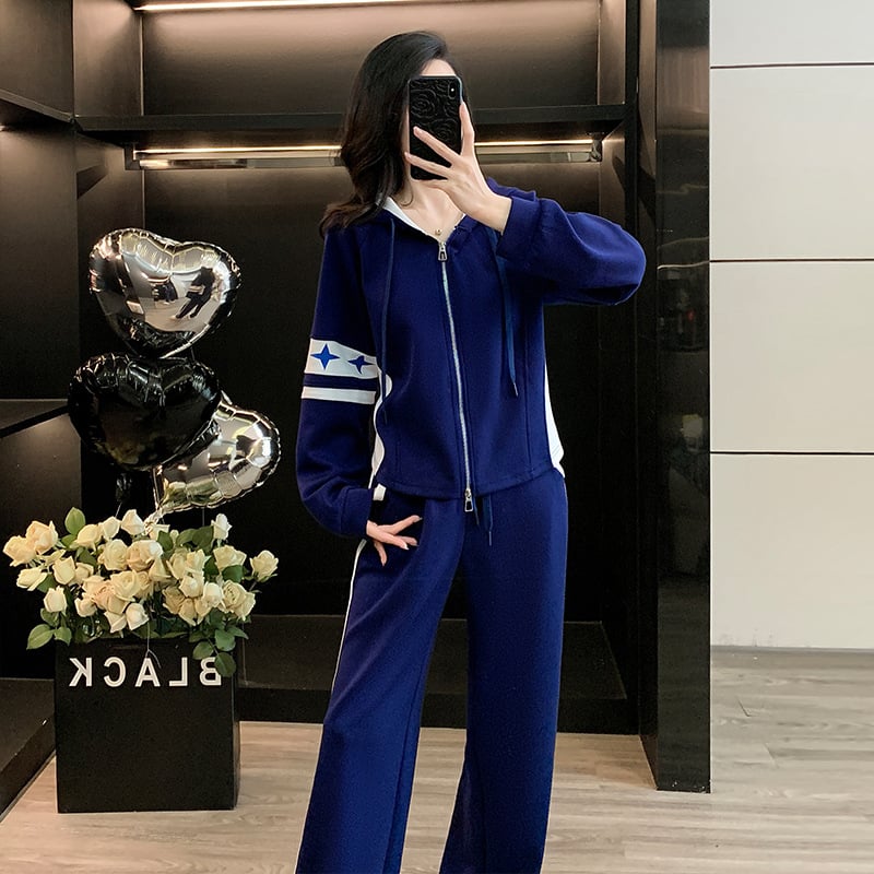 Set de două piese pentru femei, trening de toamnă cu hanorac color-block și pantaloni largi