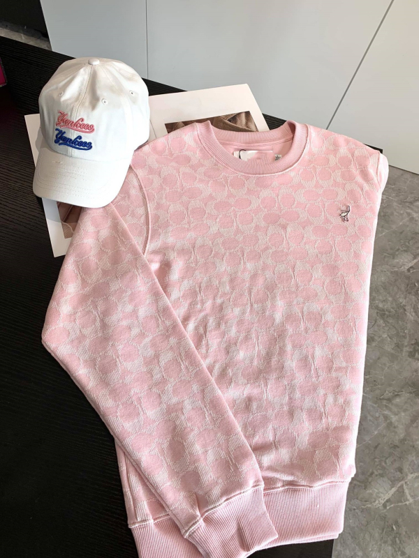 CH Koujia Pulover roz pentru femei din bumbac 100% cu jacquard greu și imprimeu all-over, guler rotund, casual