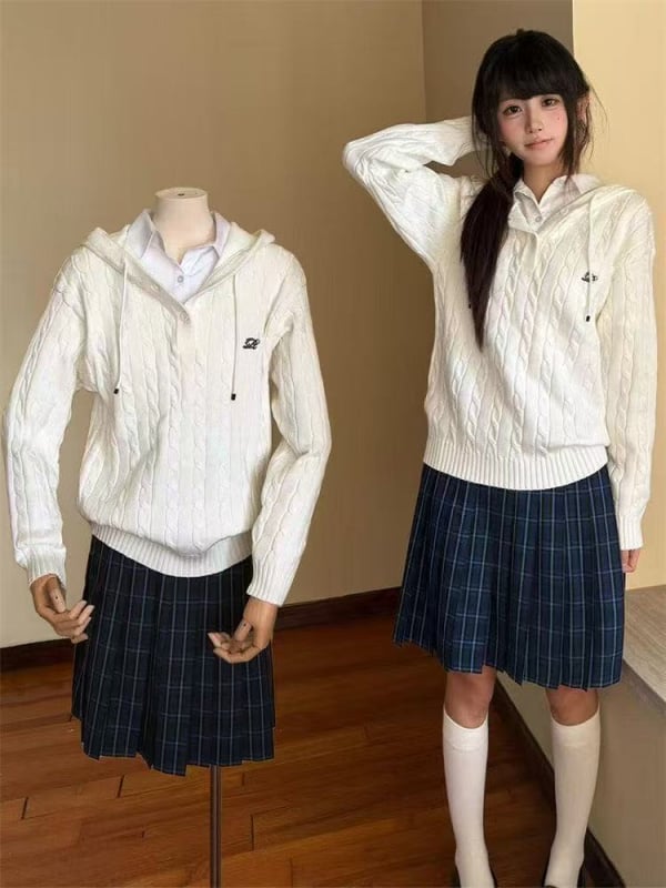 Pulover alb cu glugă, model torsadat cablu, în stil colegial, pentru femei, primăvara 2025