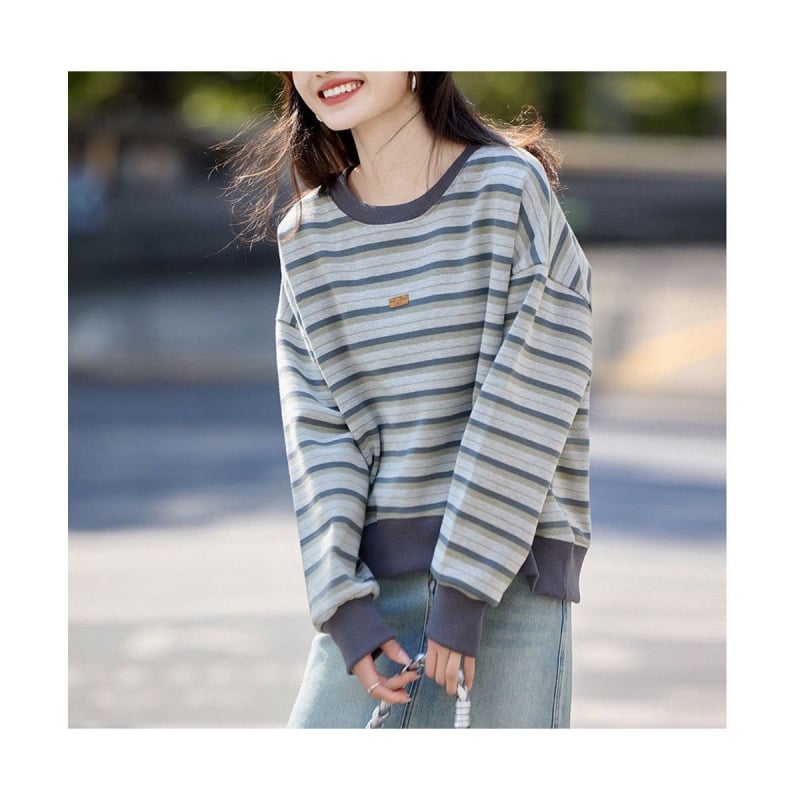 Bluza din fleece cu blocuri de culoare și dungi, guler rotund, croială lejeră, primăvara 2025
