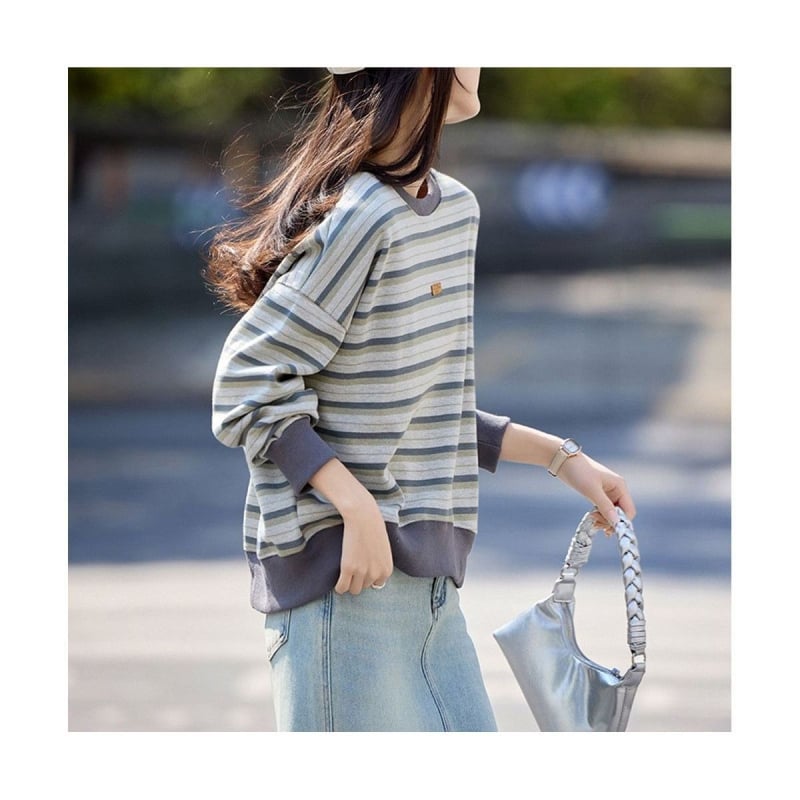 Bluza din fleece cu blocuri de culoare și dungi, guler rotund, croială lejeră, primăvara 2025