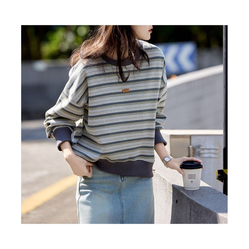 Bluza din fleece cu blocuri de culoare și dungi, guler rotund, croială lejeră, primăvara 2025
