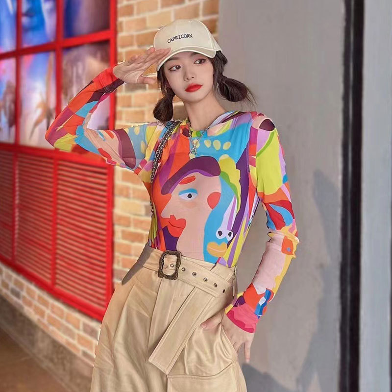 2026 Tricou cu glugă din nylon mesh, imprimeu cu desene animate, mâneci lungi