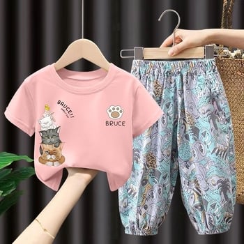 Set din bumbac pentru copii: pantaloni lungi anti-țânțari și tricou subțire cu mâneci scurte, stil coreean