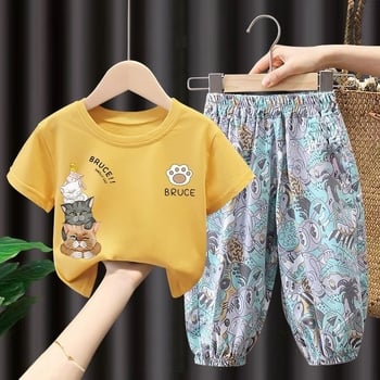 Set din bumbac pentru copii: pantaloni lungi anti-țânțari și tricou subțire cu mâneci scurte, stil coreean