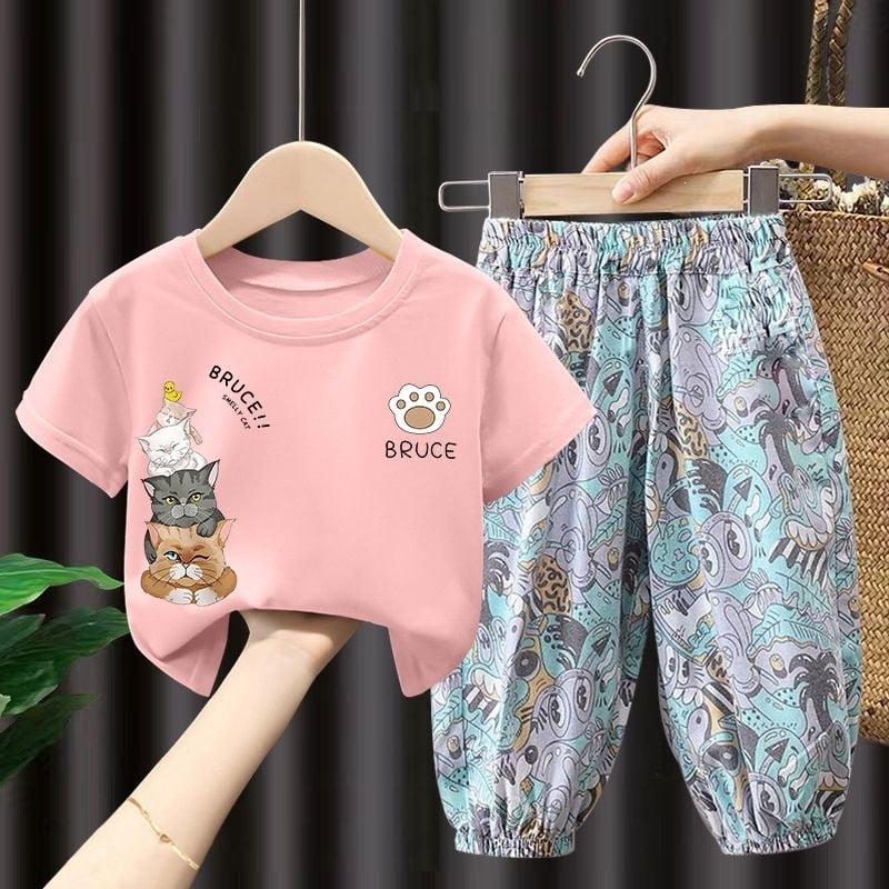 Set din bumbac pentru copii: pantaloni lungi anti-țânțari și tricou subțire cu mâneci scurte, stil coreean
