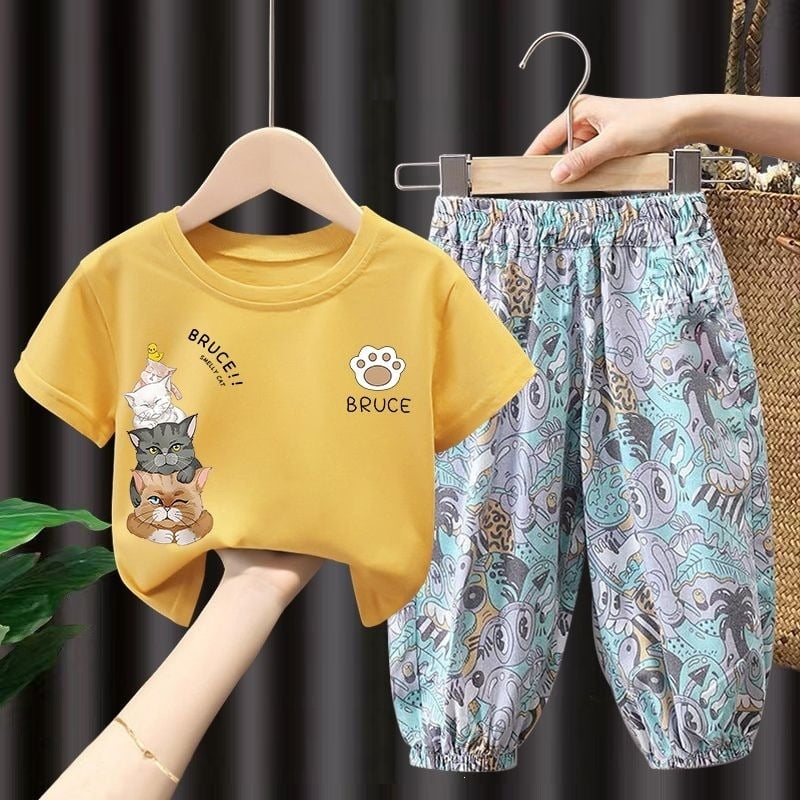 Set din bumbac pentru copii: pantaloni lungi anti-țânțari și tricou subțire cu mâneci scurte, stil coreean
