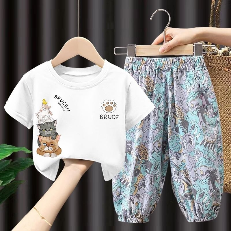 Set din bumbac pentru copii: pantaloni lungi anti-țânțari și tricou subțire cu mâneci scurte, stil coreean