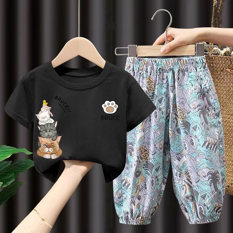 Set din bumbac pentru copii: pantaloni lungi anti-țânțari și tricou subțire cu mâneci scurte, stil coreean