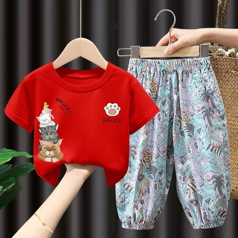 Set din bumbac pentru copii: pantaloni lungi anti-țânțari și tricou subțire cu mâneci scurte, stil coreean