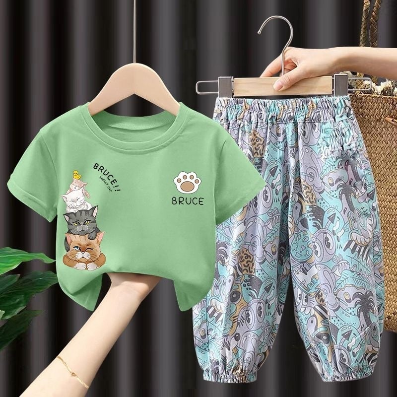 Set din bumbac pentru copii: pantaloni lungi anti-țânțari și tricou subțire cu mâneci scurte, stil coreean