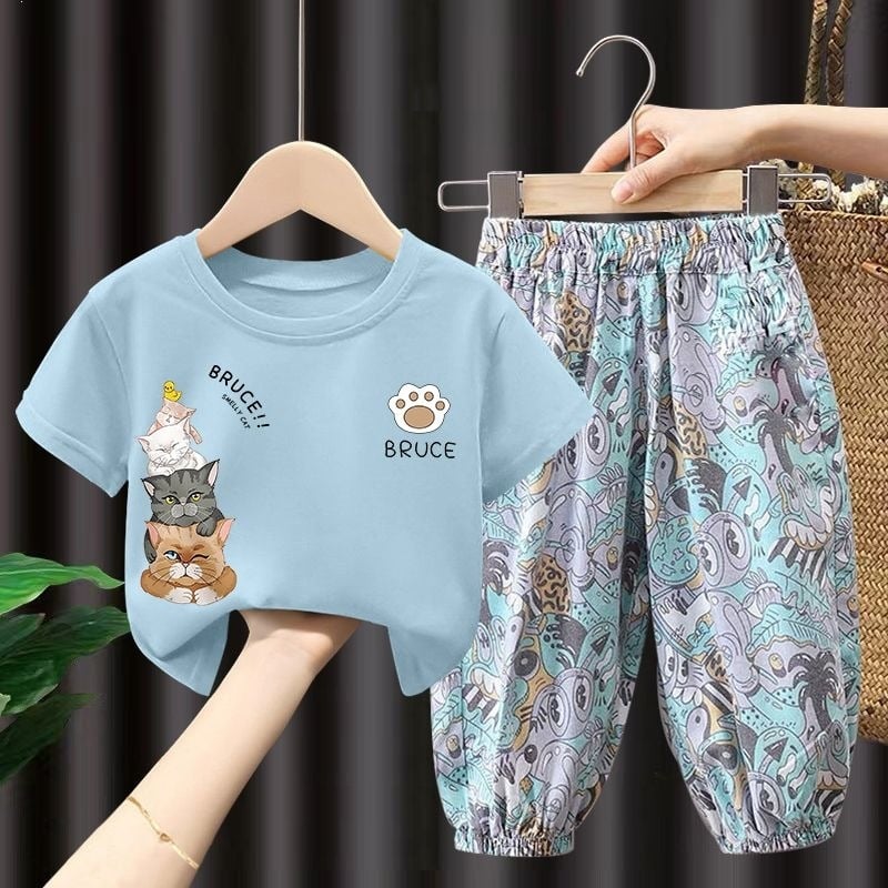 Set din bumbac pentru copii: pantaloni lungi anti-țânțari și tricou subțire cu mâneci scurte, stil coreean