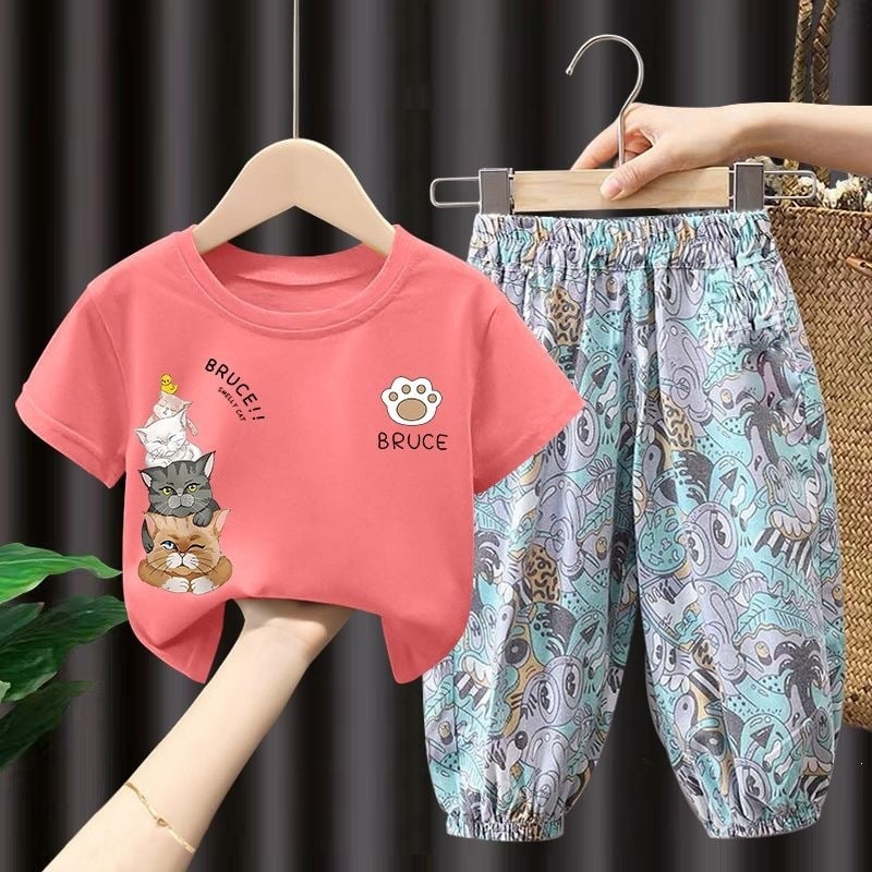 Set din bumbac pentru copii: pantaloni lungi anti-țânțari și tricou subțire cu mâneci scurte, stil coreean