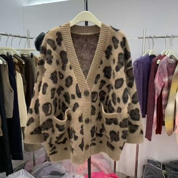 Cardigan tricotat cu glugă, imprimeu leopard în stil coreean, gros, cald, croială lejeră, toamnă–iarna 2025