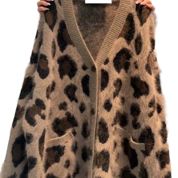 Cardigan tricotat cu glugă, imprimeu leopard în stil coreean, gros, cald, croială lejeră, toamnă–iarna 2025