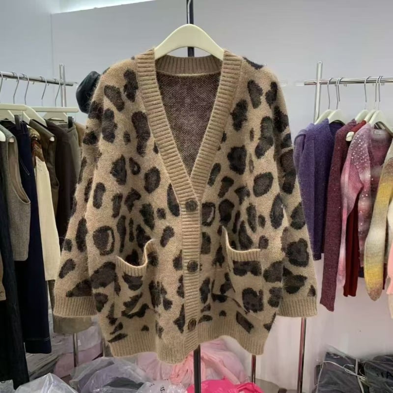 Cardigan tricotat cu glugă, imprimeu leopard în stil coreean, gros, cald, croială lejeră, toamnă–iarna 2025