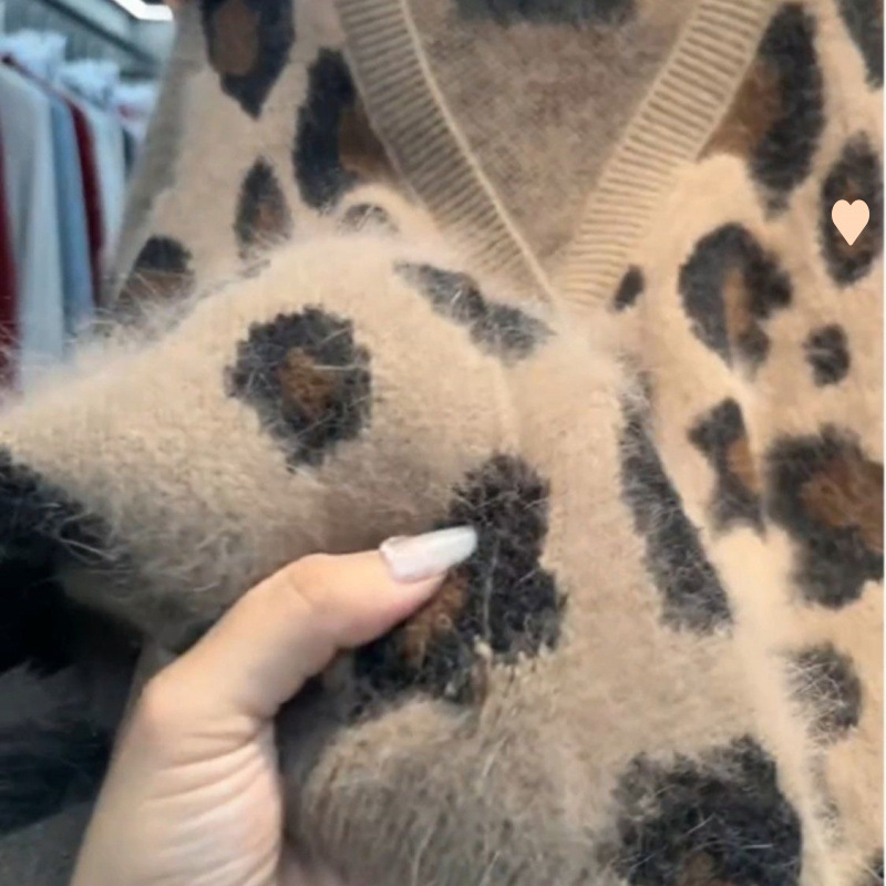 Cardigan tricotat cu glugă, imprimeu leopard în stil coreean, gros, cald, croială lejeră, toamnă–iarna 2025