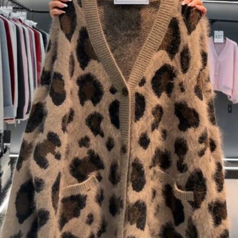 Cardigan tricotat cu glugă, imprimeu leopard în stil coreean, gros, cald, croială lejeră, toamnă–iarna 2025