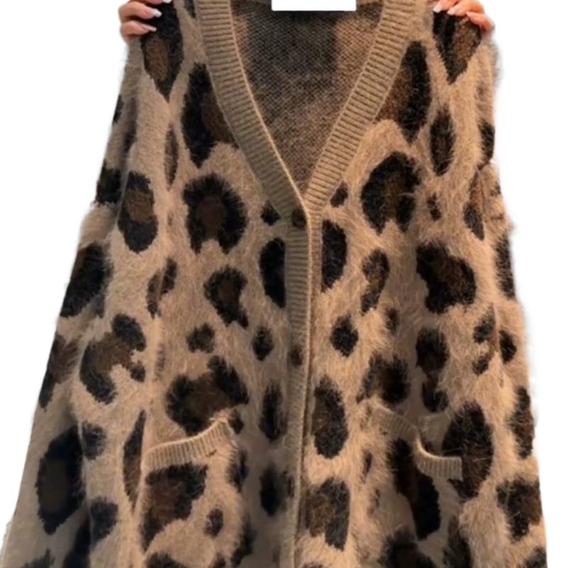 Cardigan tricotat cu glugă, imprimeu leopard în stil coreean, gros, cald, croială lejeră, toamnă–iarna 2025