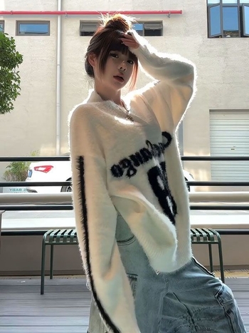 Pulover damă cu guler V, jacquard cu litere, stil sport american, pentru toamnă-iarnă, croială lejeră, moale și cald