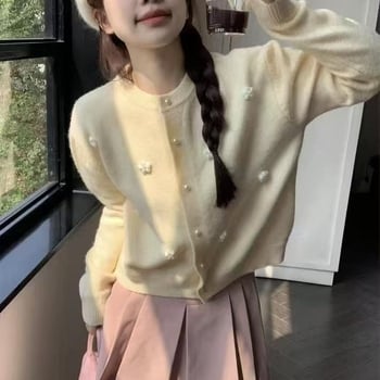 Cardigan tricotat cu flori 3D pentru femei, toamnă-iarnă 2026, stil coreean, croială lejeră, delicat și elegant